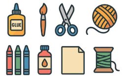 Picture of glue, brush, scissors, yarn, crayons, paper and more.